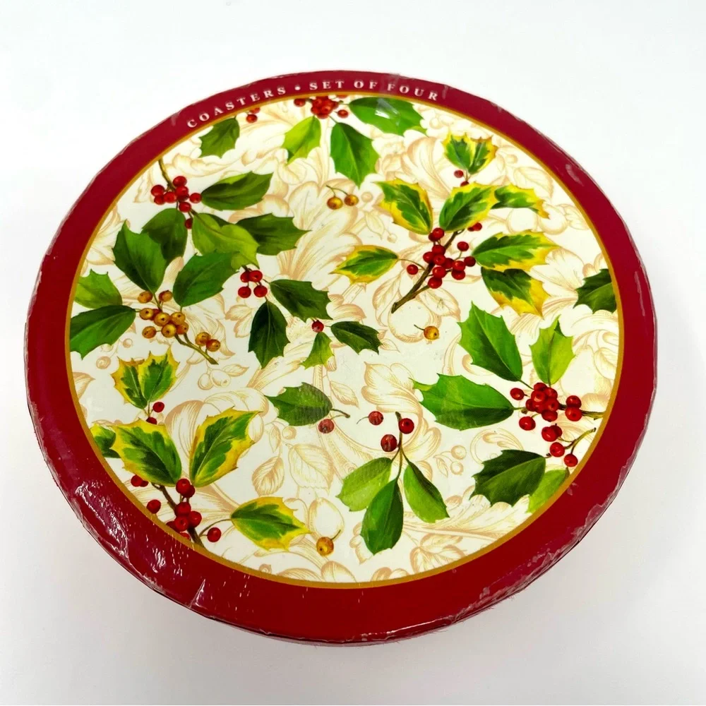 Pamela Gladding for Santa Barbara Ceramic Designs Porcelain Holly Coasters Set 4